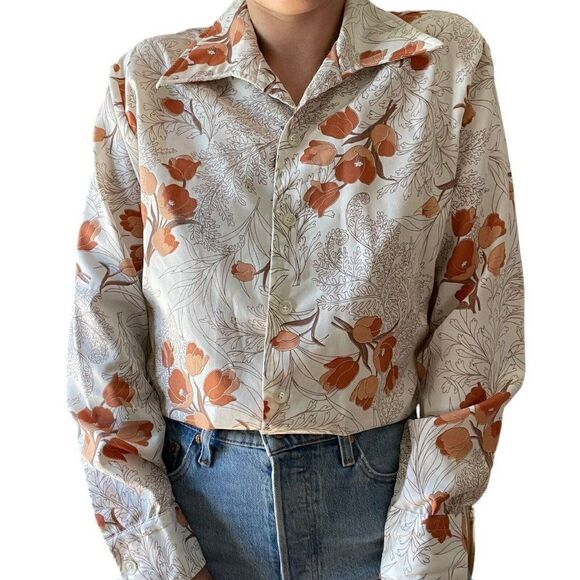Vintage 1970s Womens Orange Floral Tulip Mid Mod Disco Collar Retro Blouse Sz M - Picture 1 of 7